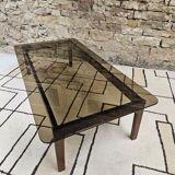 Table basse bois verre fumé vintage 1970"