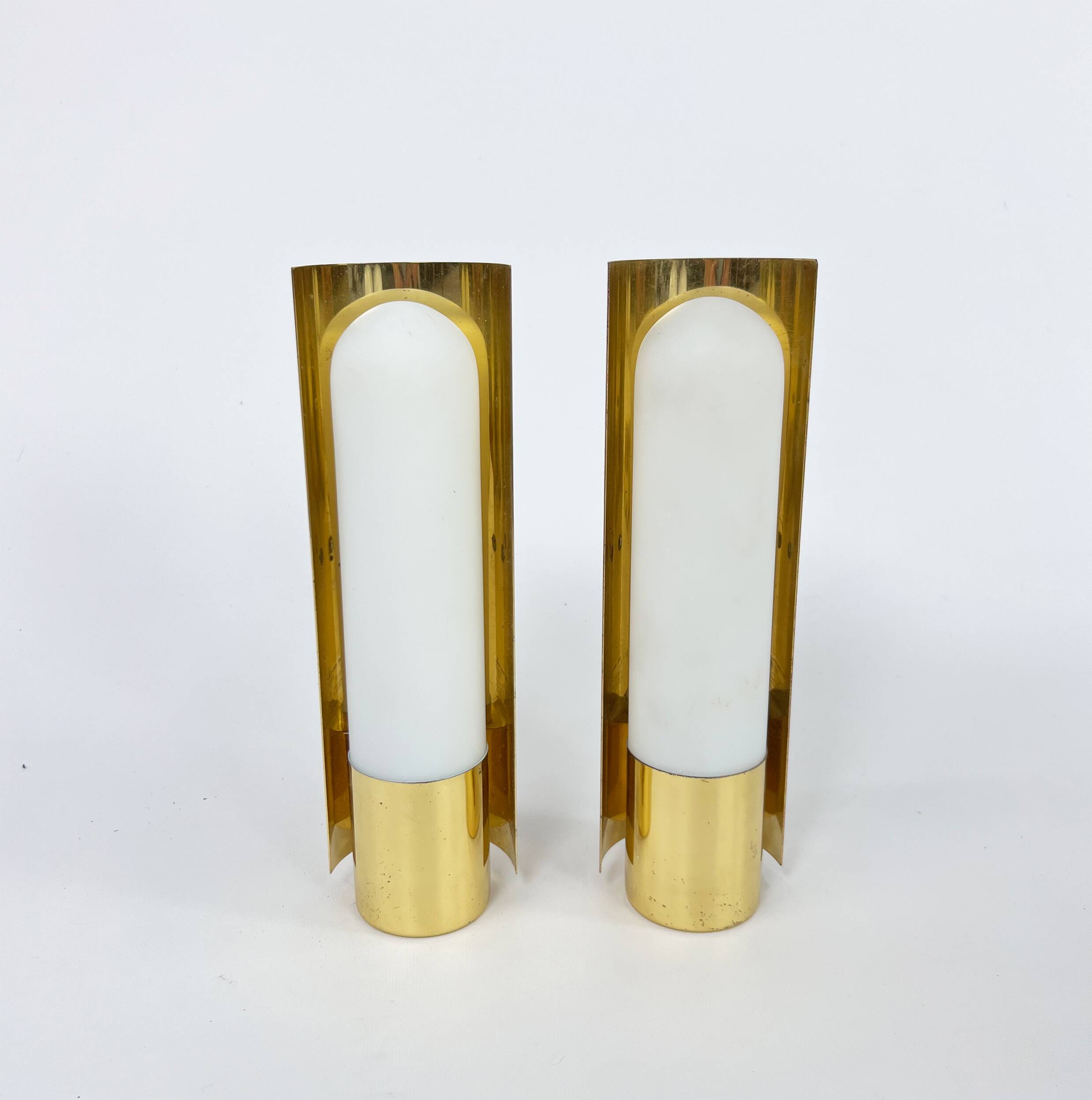 Hollywood Regency Set of 2 Brass and Opaline Glass Scones from Glashütte Limburg, 1970s