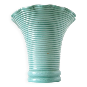 Vase corolle vintage en céramique striée bleue