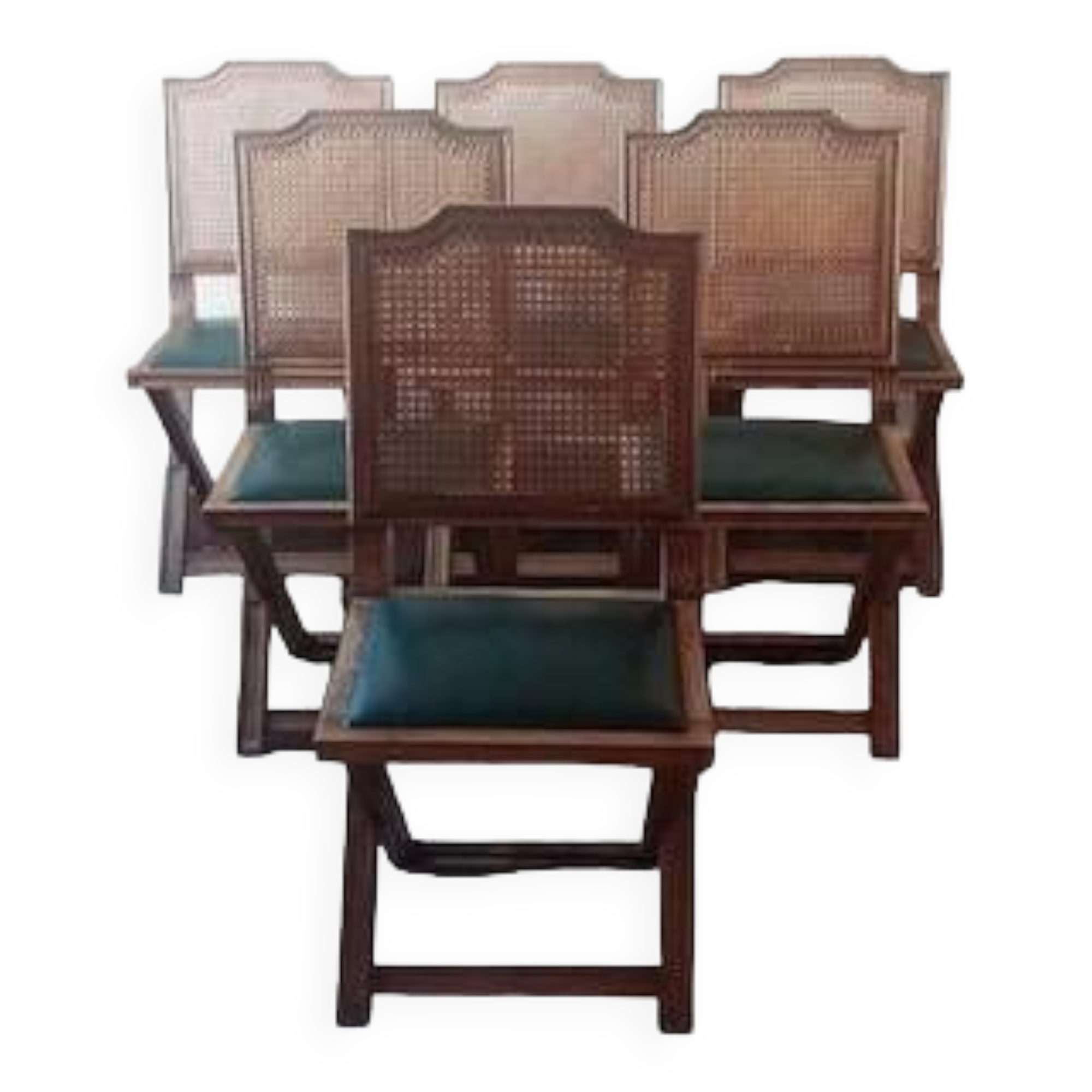 Set of 6 vintage French chairs in solid wood, canework and sky green