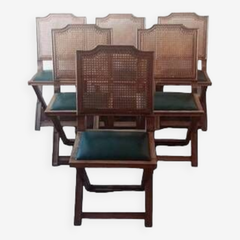 Suite de 6 chaises française vintage en bois massif , cannage et sky vert