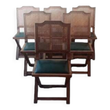 Set of 6 vintage French chairs in solid wood, canework and sky green