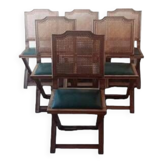 Suite de 6 chaises française vintage en bois massif , cannage et sky vert