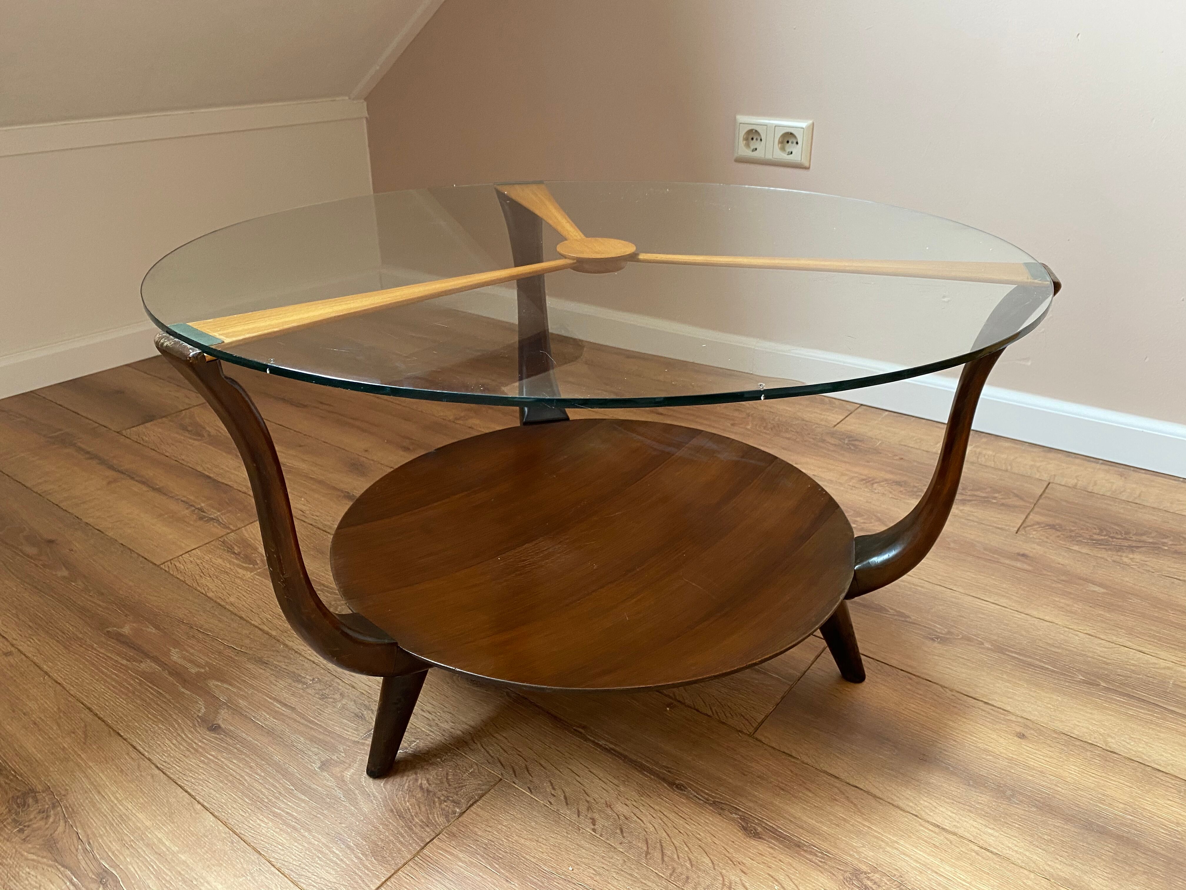 Table basse italienne en bois rond et verre, années 1950