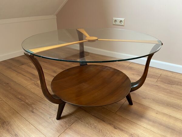 Table basse italienne en bois rond et verre, années 1950