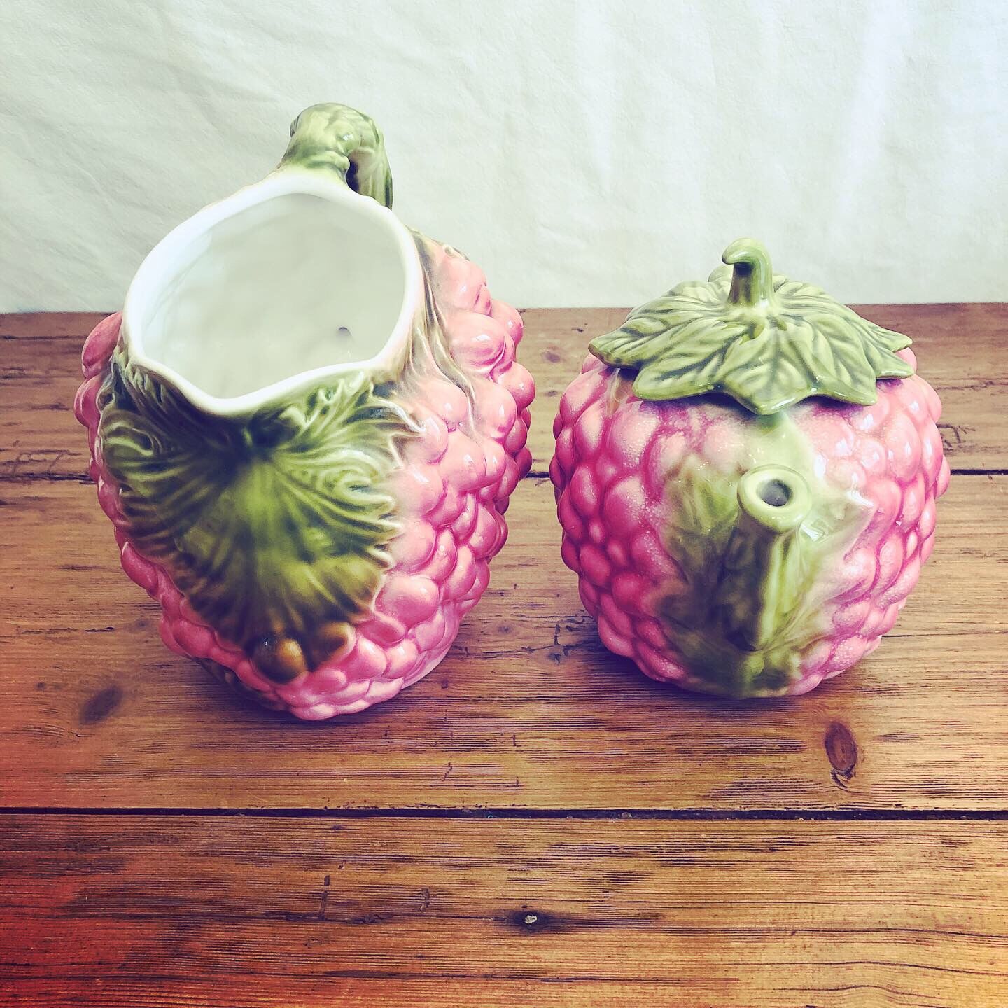 Raspberry barbotine pitcher and teapot