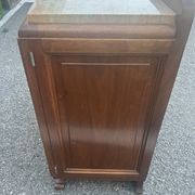 Art Deco bedside table in flamed walnut, marble top – 1930s