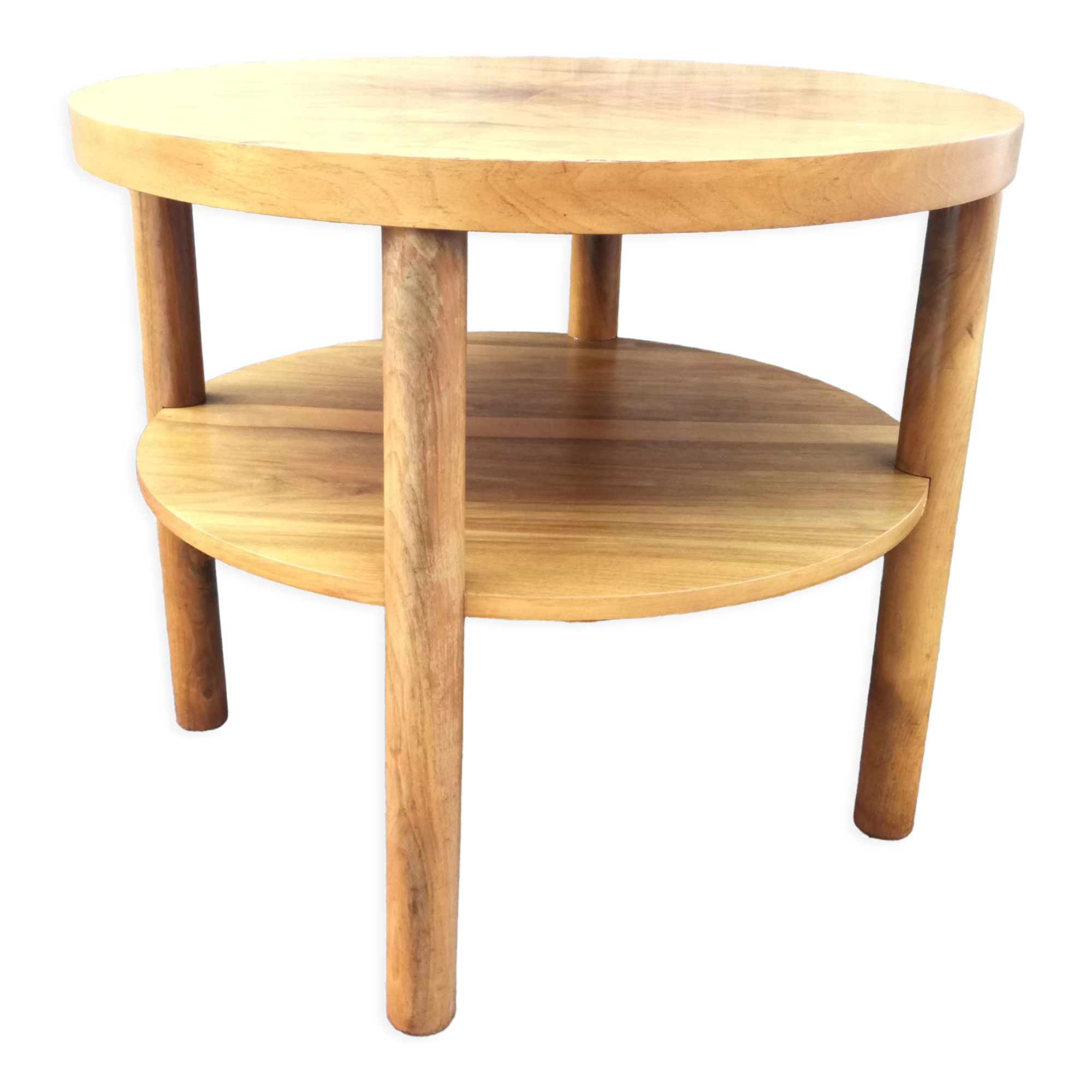 Round walnut pedestal table, with tablet