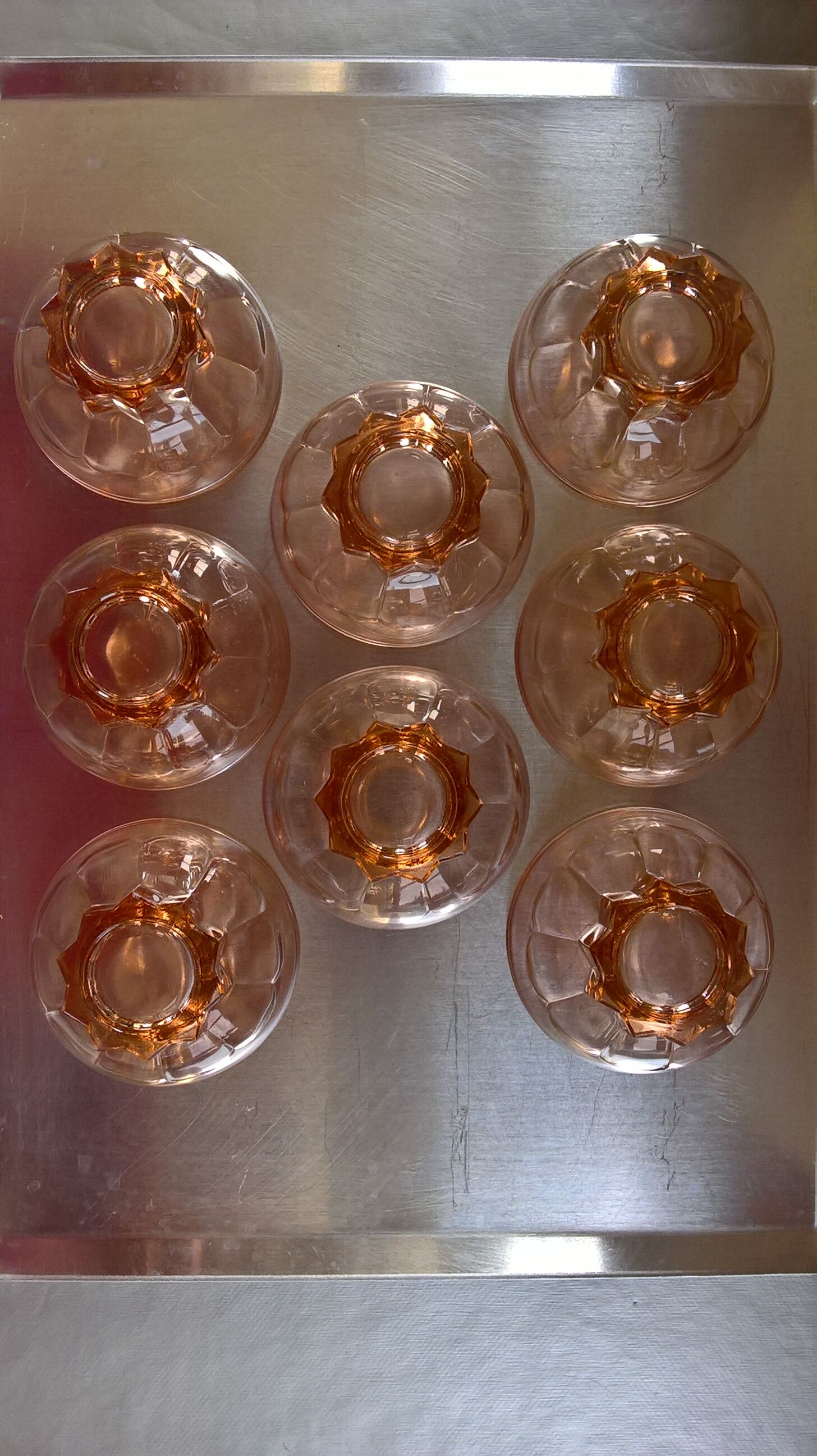 Lot of 8 vintage pink moulded glass cups, 40-50s