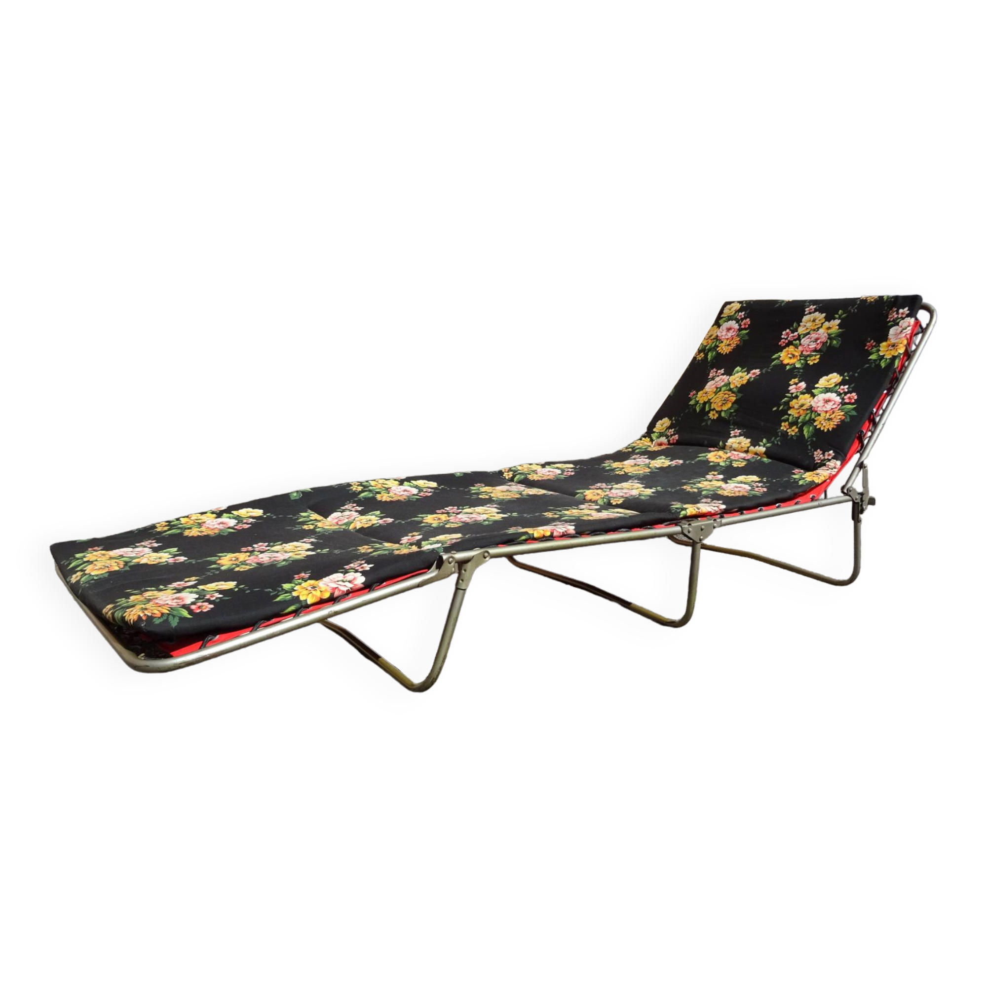 Chaise longue transat pliant lit de camp à fleurs vintage marque Castel Joyeux