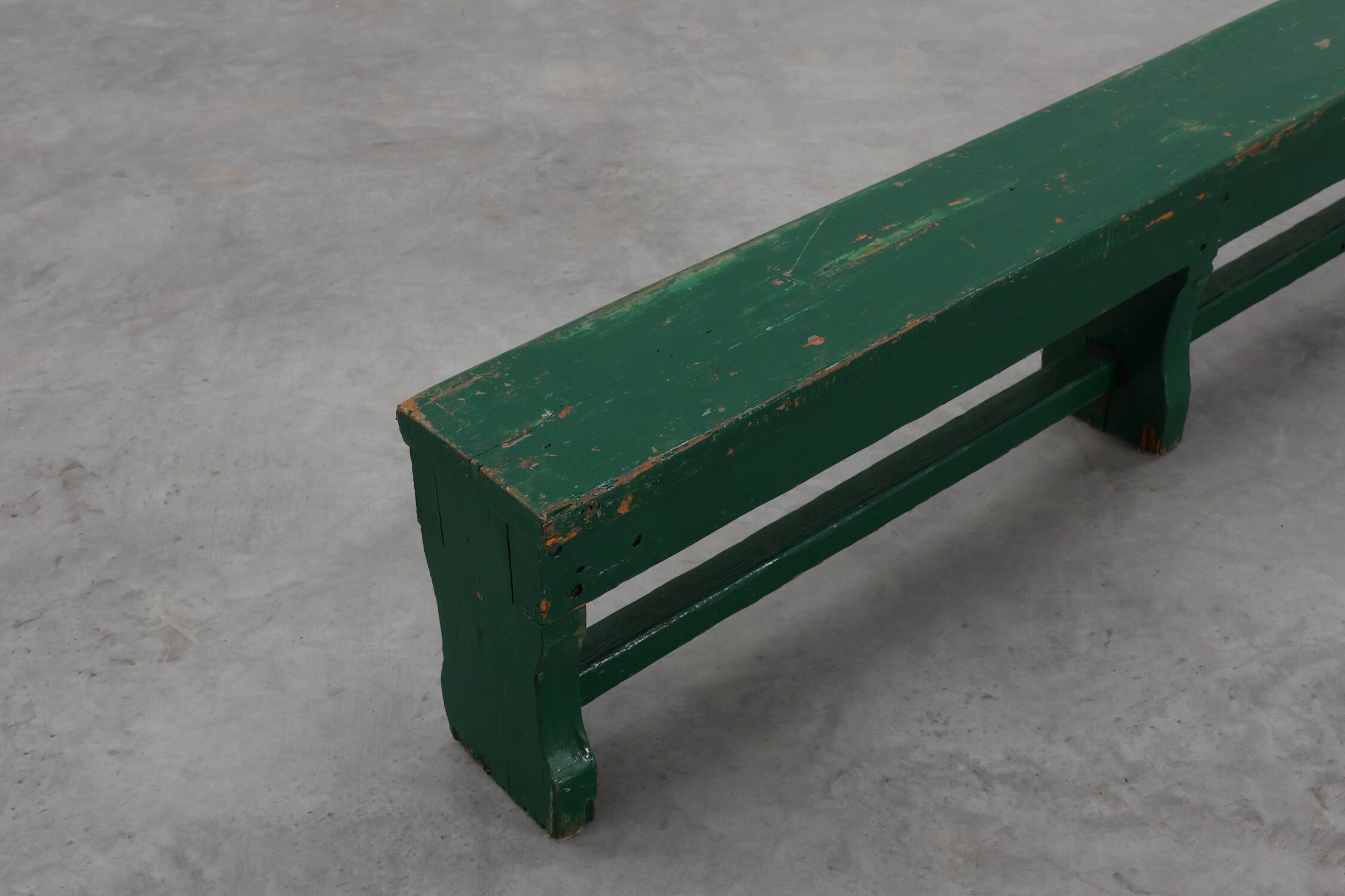Rustic primitive green farmhouse bench in solid oak, France ca. 1900