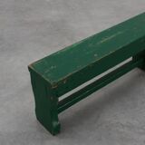 Rustic primitive green farmhouse bench in solid oak, France ca. 1900