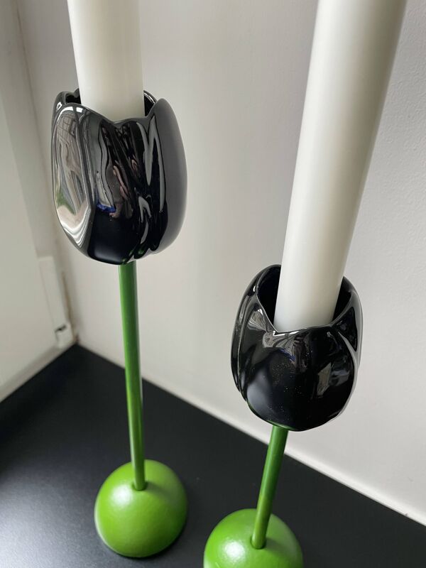 2 bougeoirs design en porcelaine « Tulipe » - Taitu Milano - Vintage rare