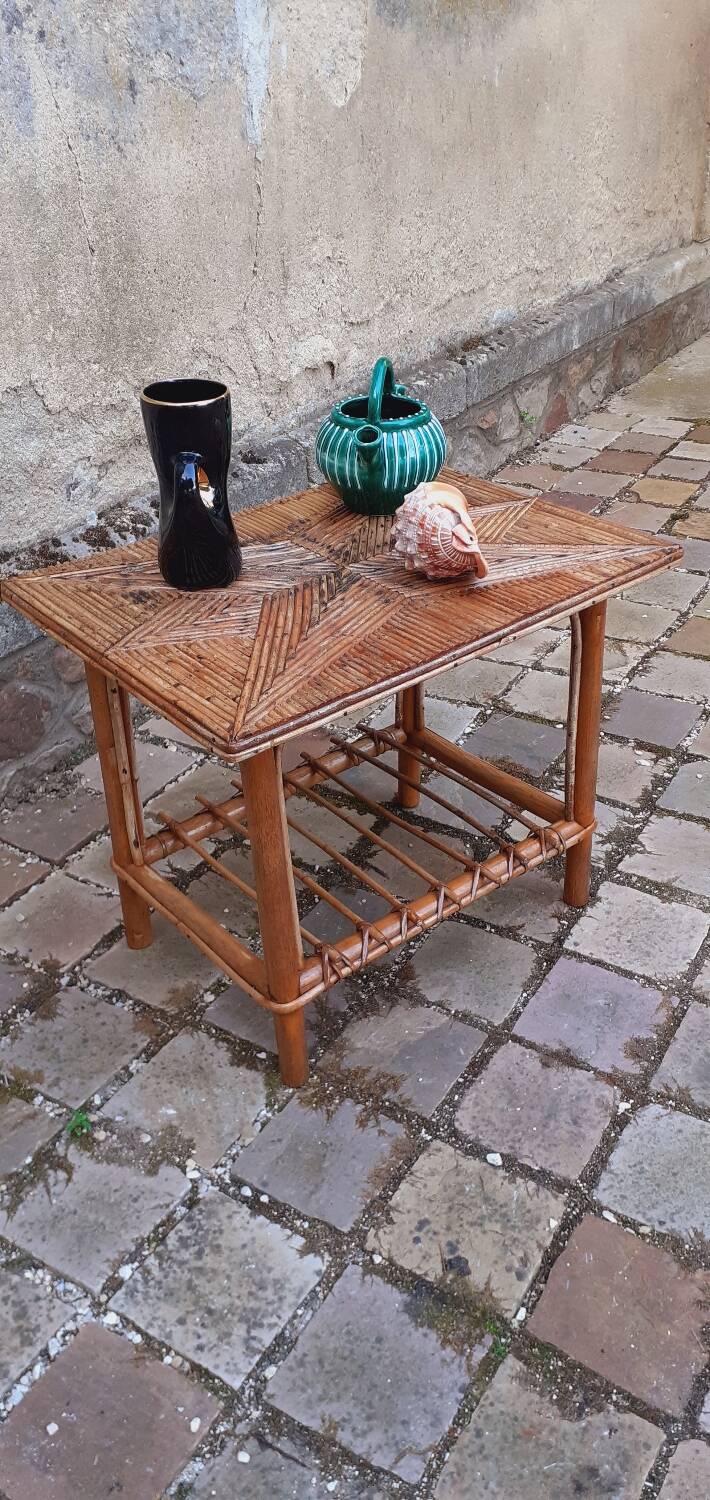 Side table, vintage 50s rattan coffee table