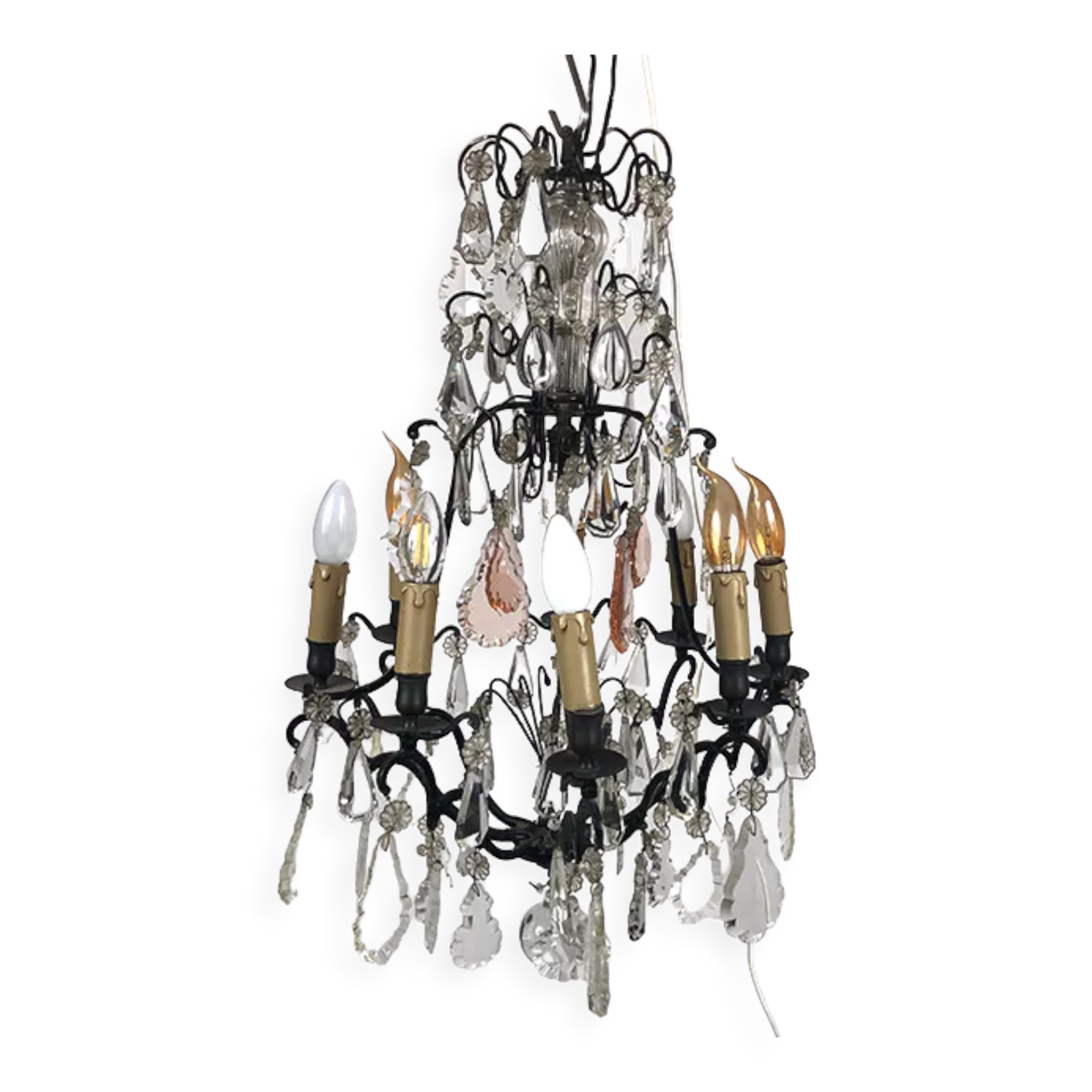 Black lacquered metal chandelier and crystal tassels