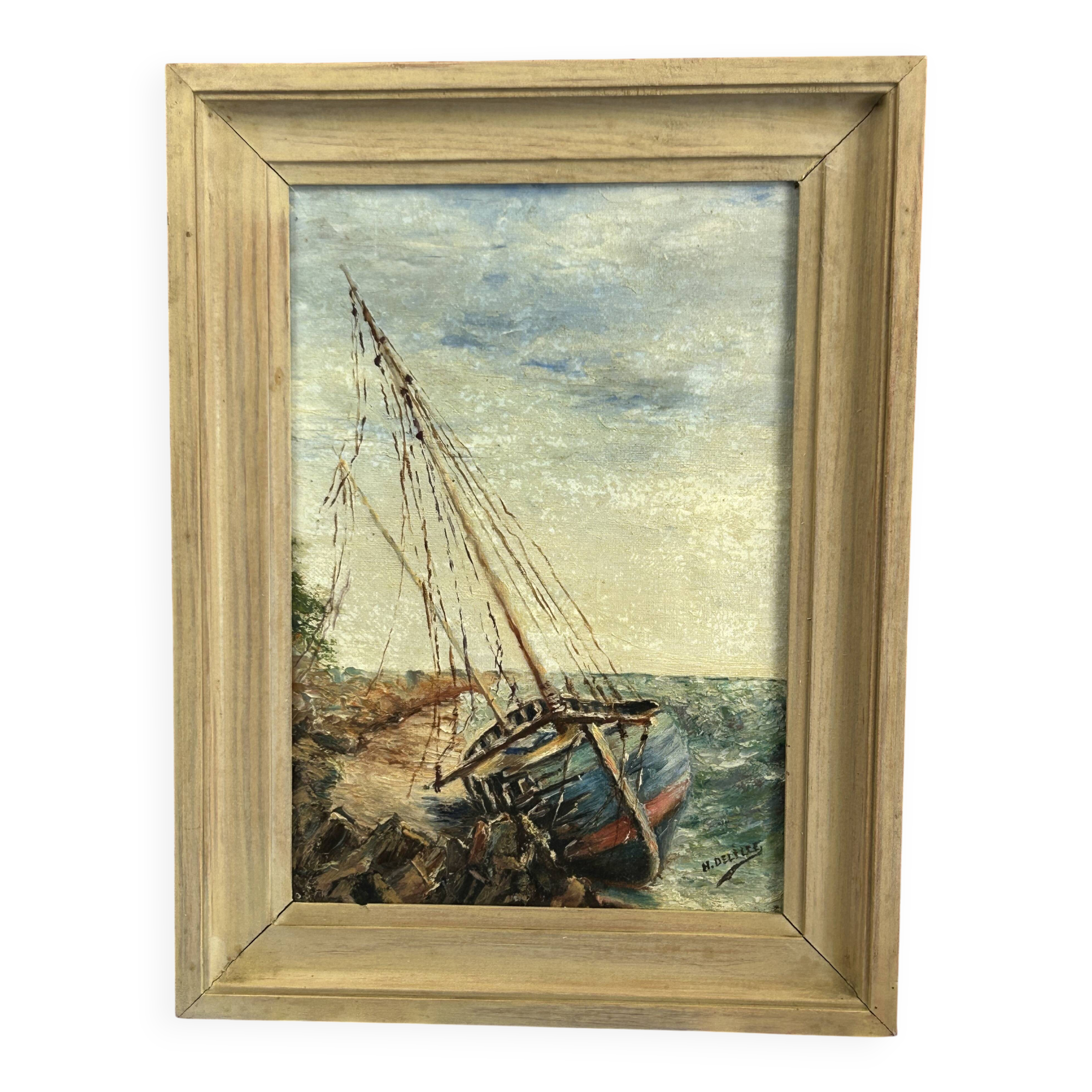 Oil on canvas Boat at the coast of Etel Damgan, Morbihan - H. Delille