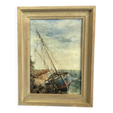 Oil on canvas Boat at the coast of Etel Damgan, Morbihan - H. Delille