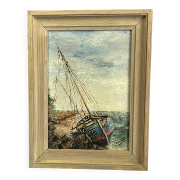 Oil on canvas Boat at the coast of Etel Damgan, Morbihan - H. Delille