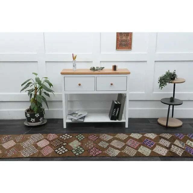 Tapis de couloir vintage turc Oushak fait main en laine et coton marron, années 1970