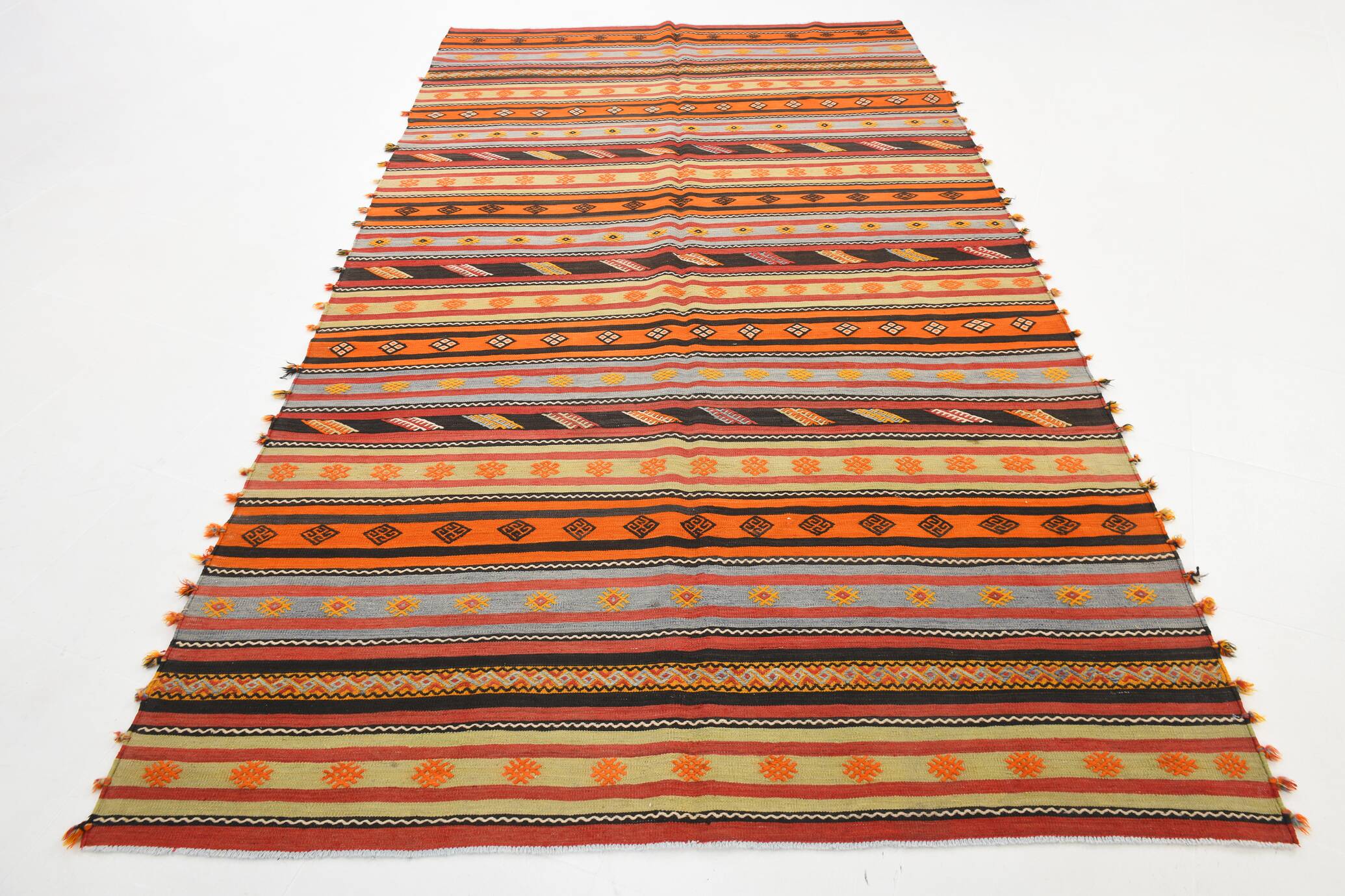 6x11 Pumpkin Orange Striped Turkish Vintage Kilim Rug, 182x320Cm