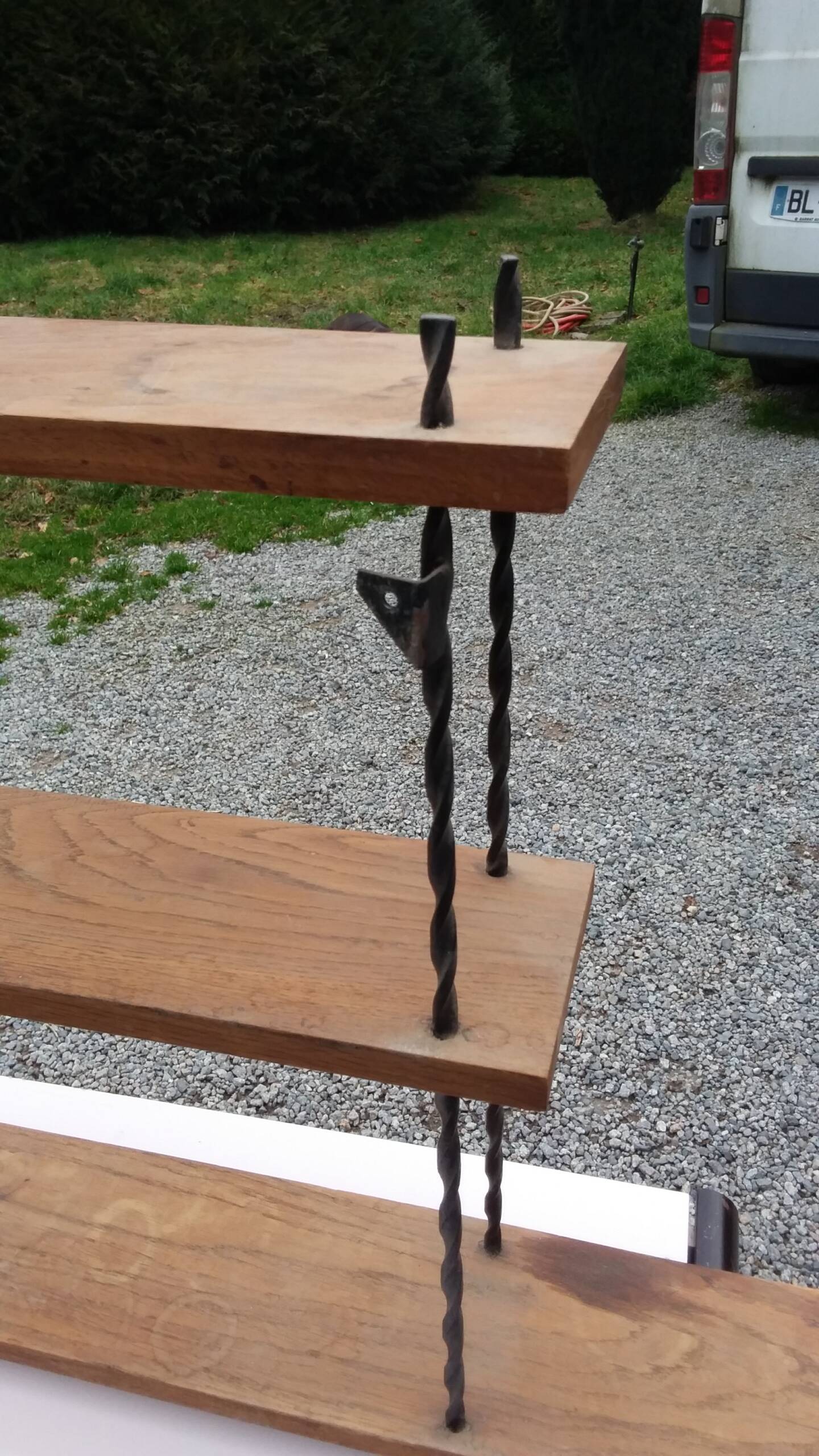 Vintage asymmetrical wall shelf in solid oak and metal from the 60s