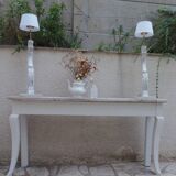 Console with a weathered grey cotton base, top in bleached walnut.