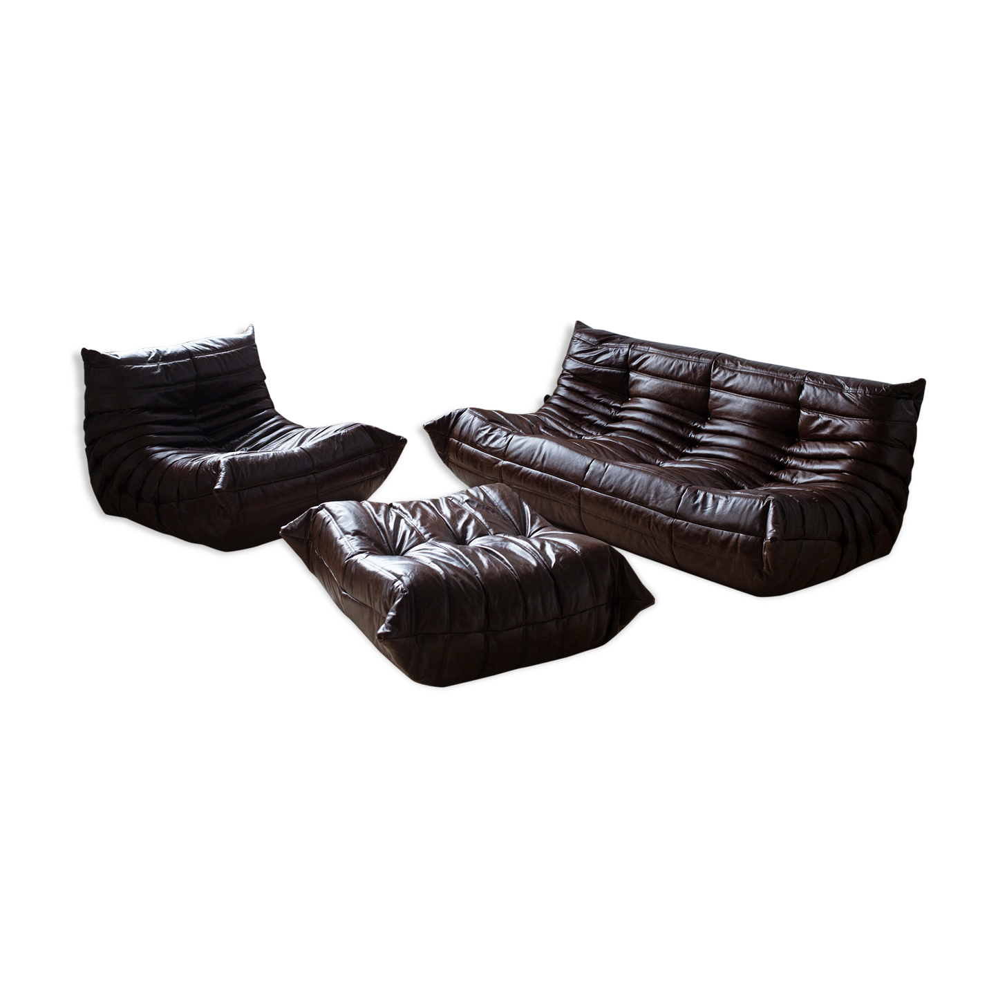 Set of 3 brown leather sofas "Togo" model designed by Michel Ducaroy 1973
