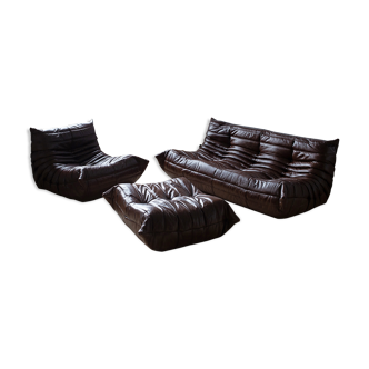 Set of 3 brown leather sofas "Togo" model designed by Michel Ducaroy 1973