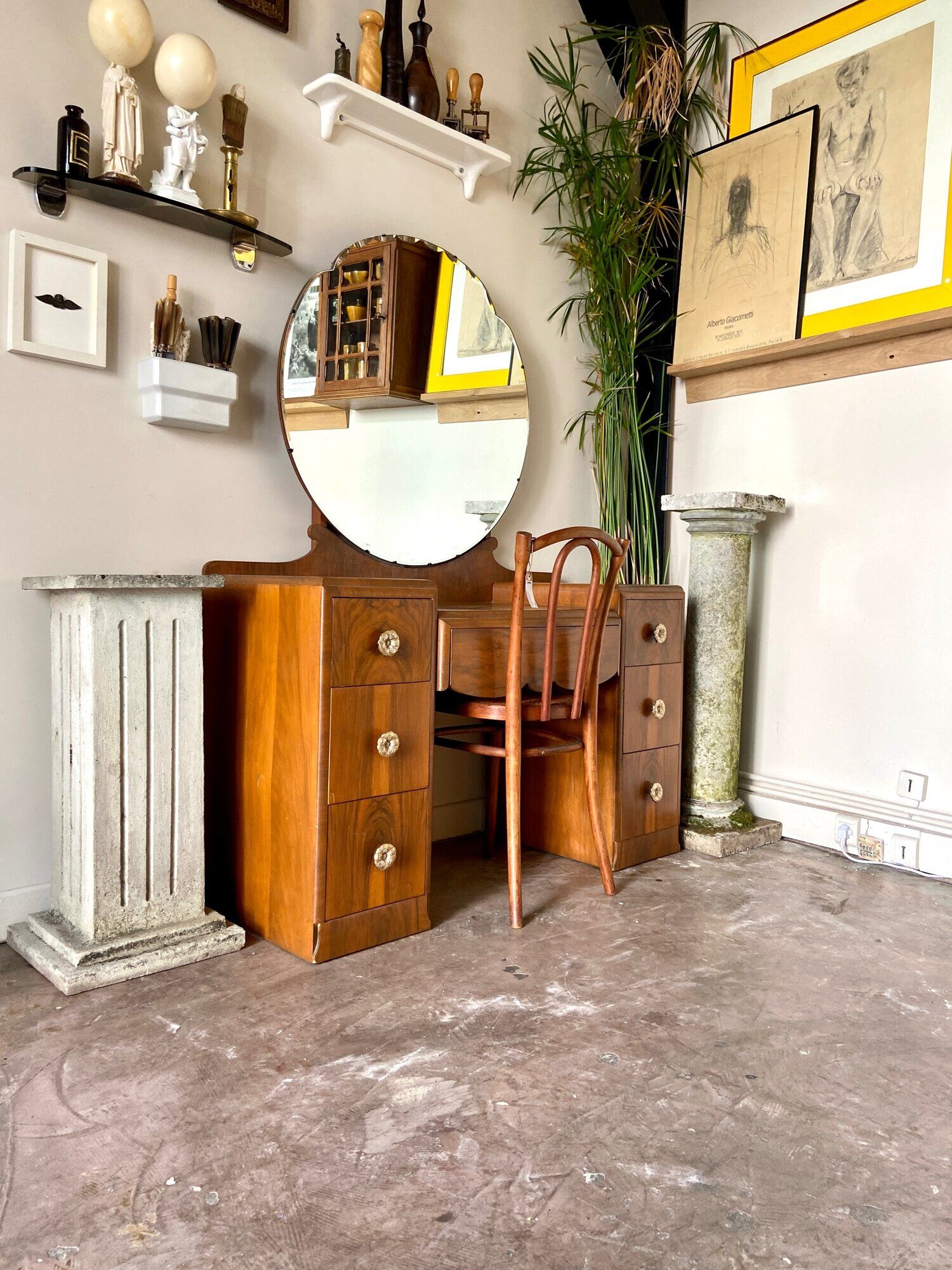 7-drawer wooden dressing table with beveled mirror 1950s
