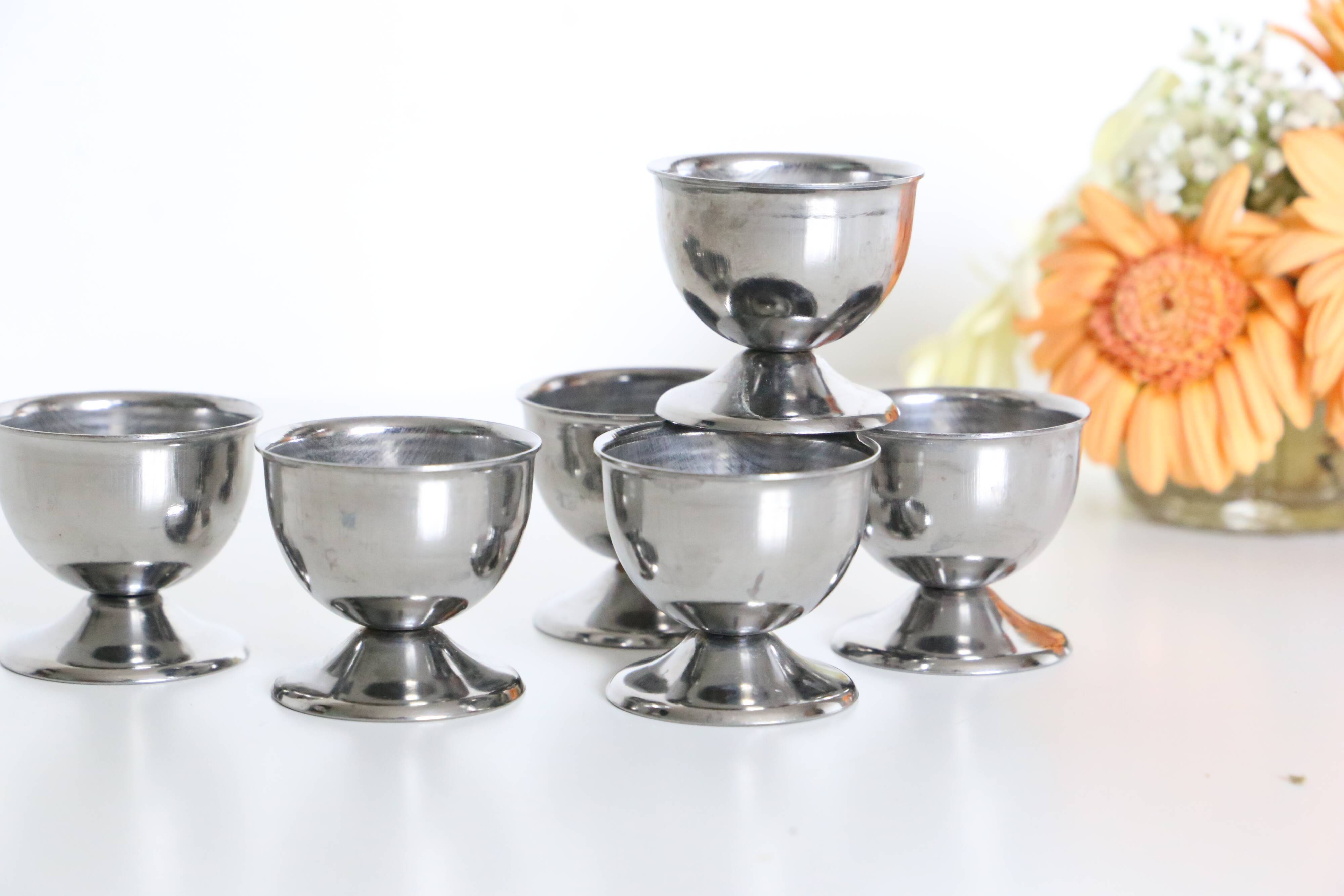 Set of six stainless steel coquetiers, vintage French