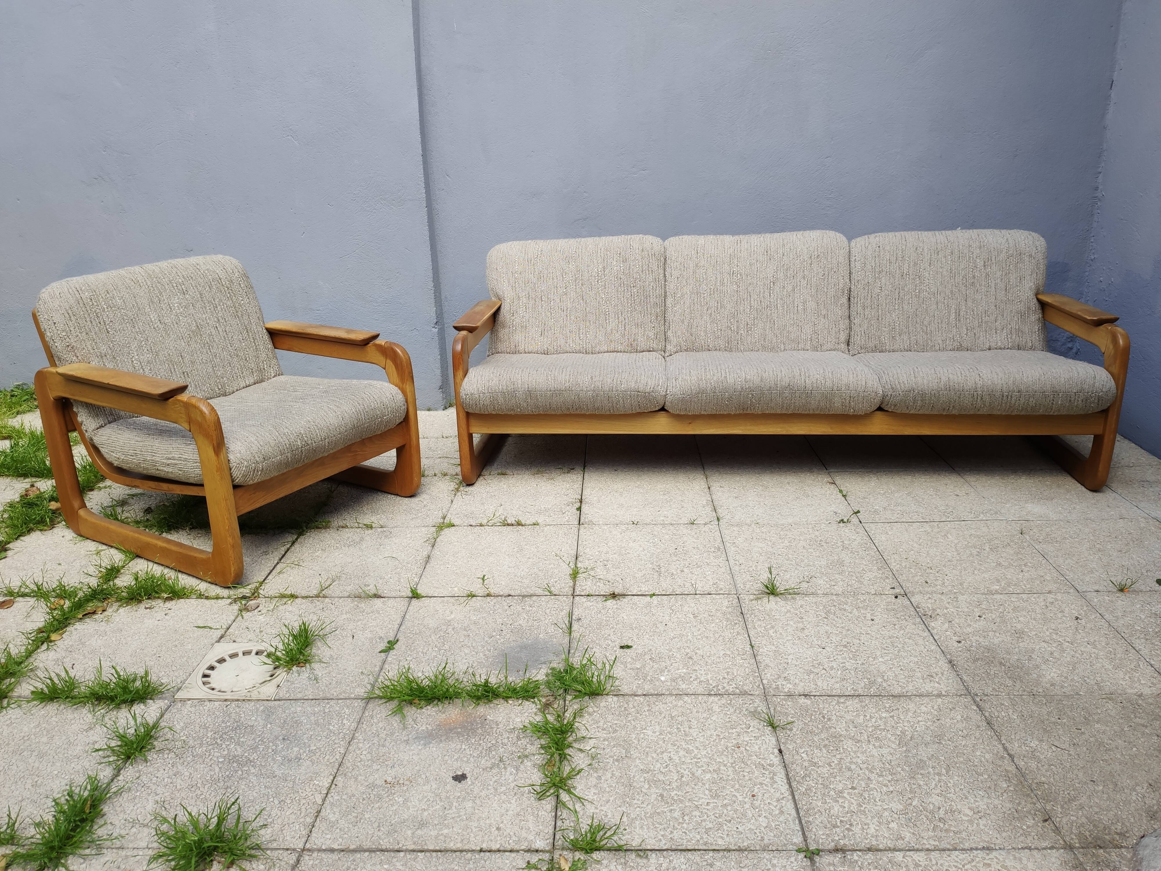 Set of 3-seater sofa + sled chair, 60/70's in oak
