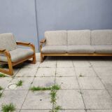 Set of 3-seater sofa + sled chair, 60/70's in oak