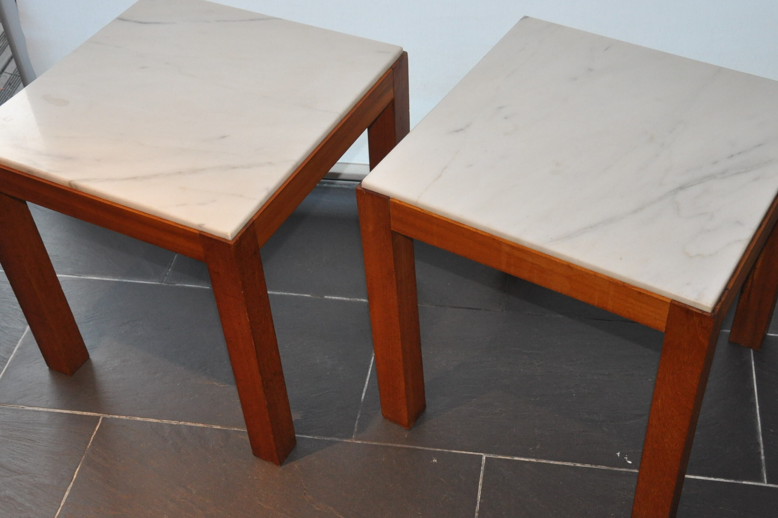 Pair of wooden and marble side tables