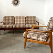 Lot armchairs and sofa 60 years Scandinavian design in vintage blond teak