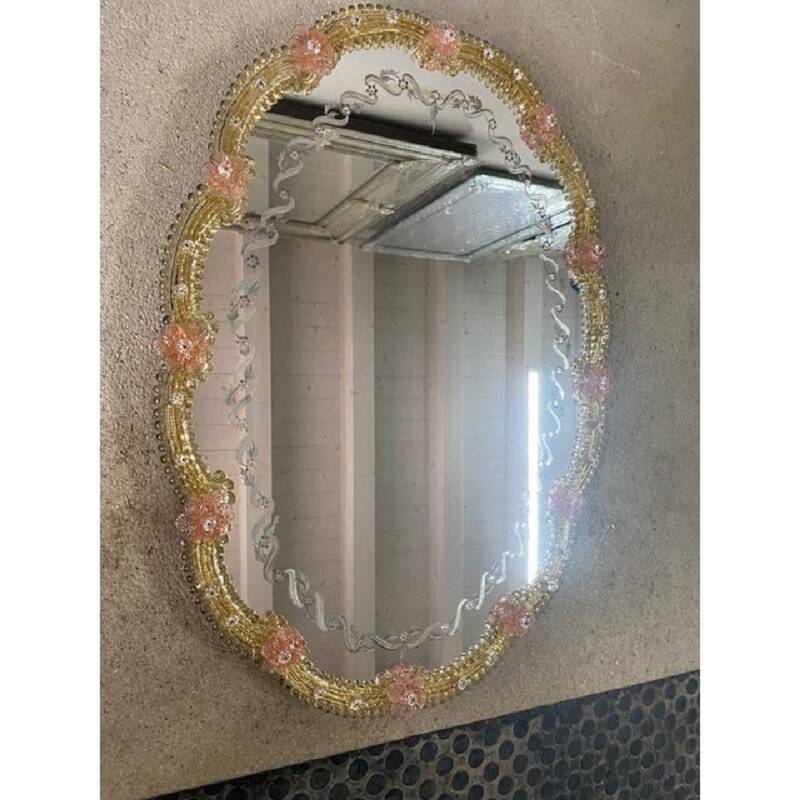2000s Venetian Oval Gold and Pink Floreal Hand-Carving Mirror in Murano Glass Style
