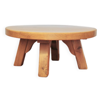 round vintage light oak brutalist coffee table