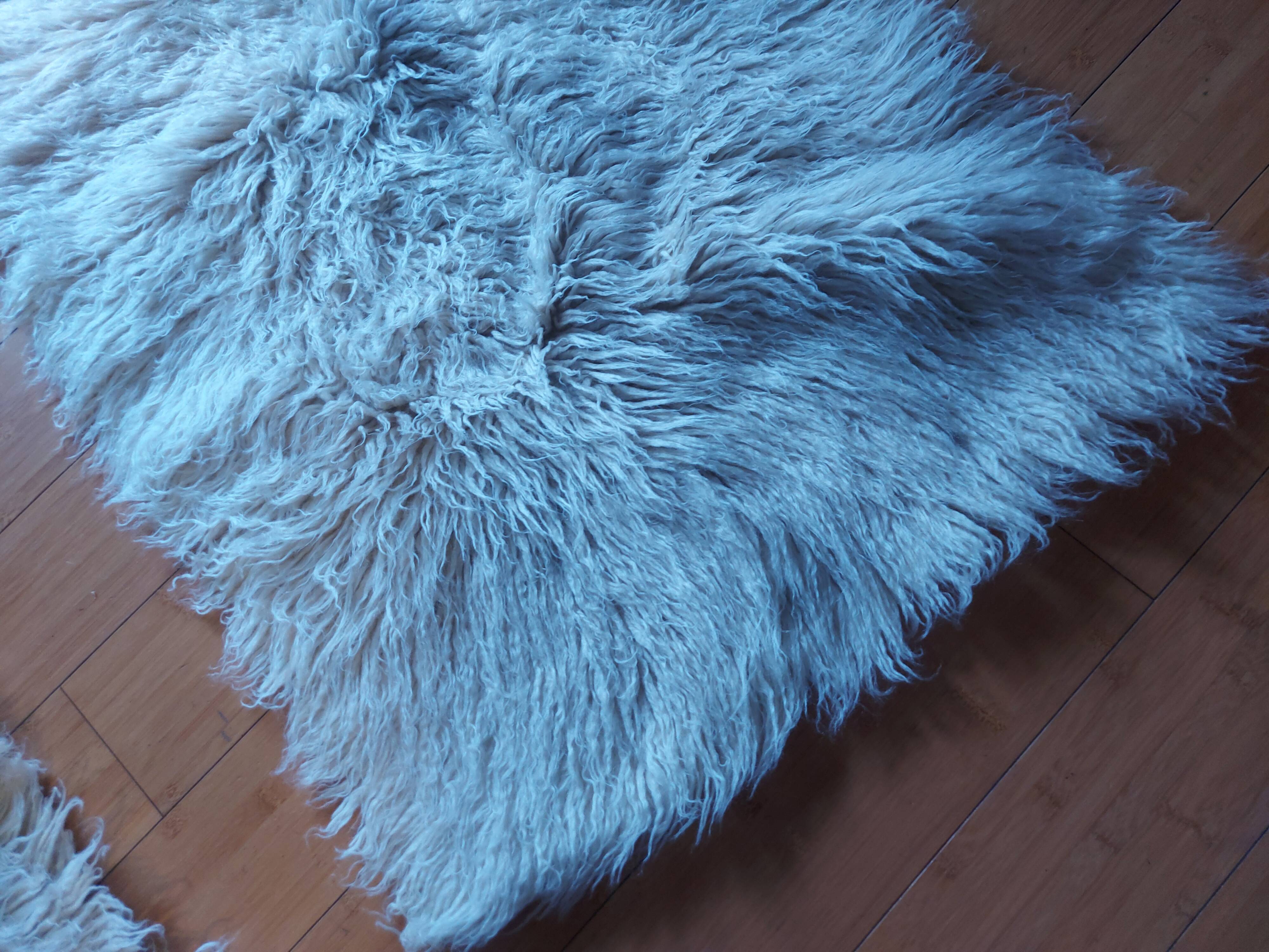 White pure wool long pile rug, vintage