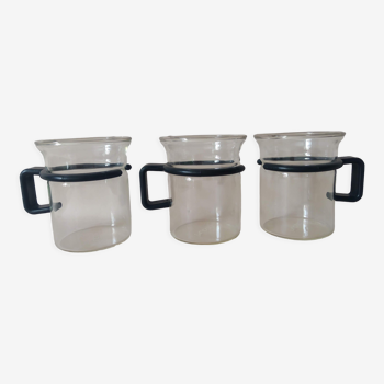 Lot de 3 mugs Bodum vintage années 80 verre et plastique noir
