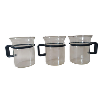Set of 3 vintage Bodum mugs 80s glass and black plastic