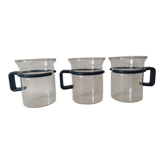 Lot de 3 mugs Bodum vintage années 80 verre et plastique noir