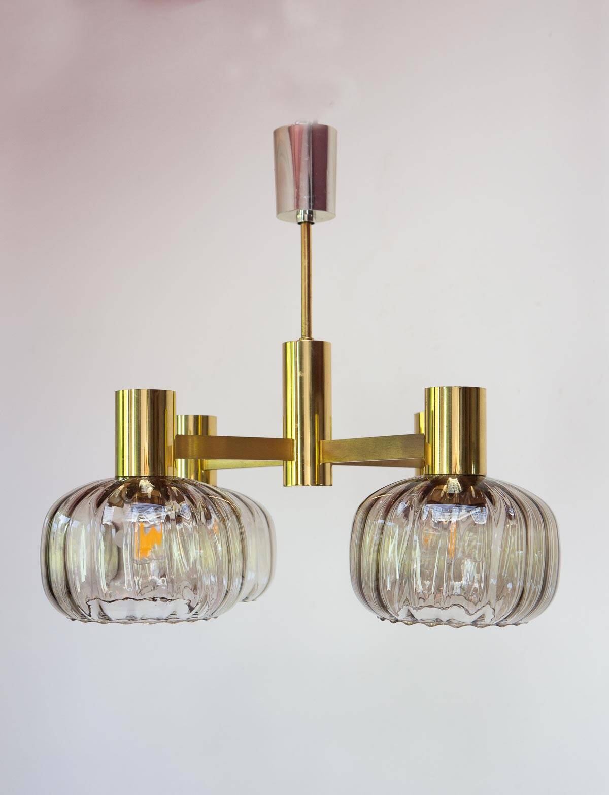 Midcentury brass pendant light and 4 glass tulips 60s/70s