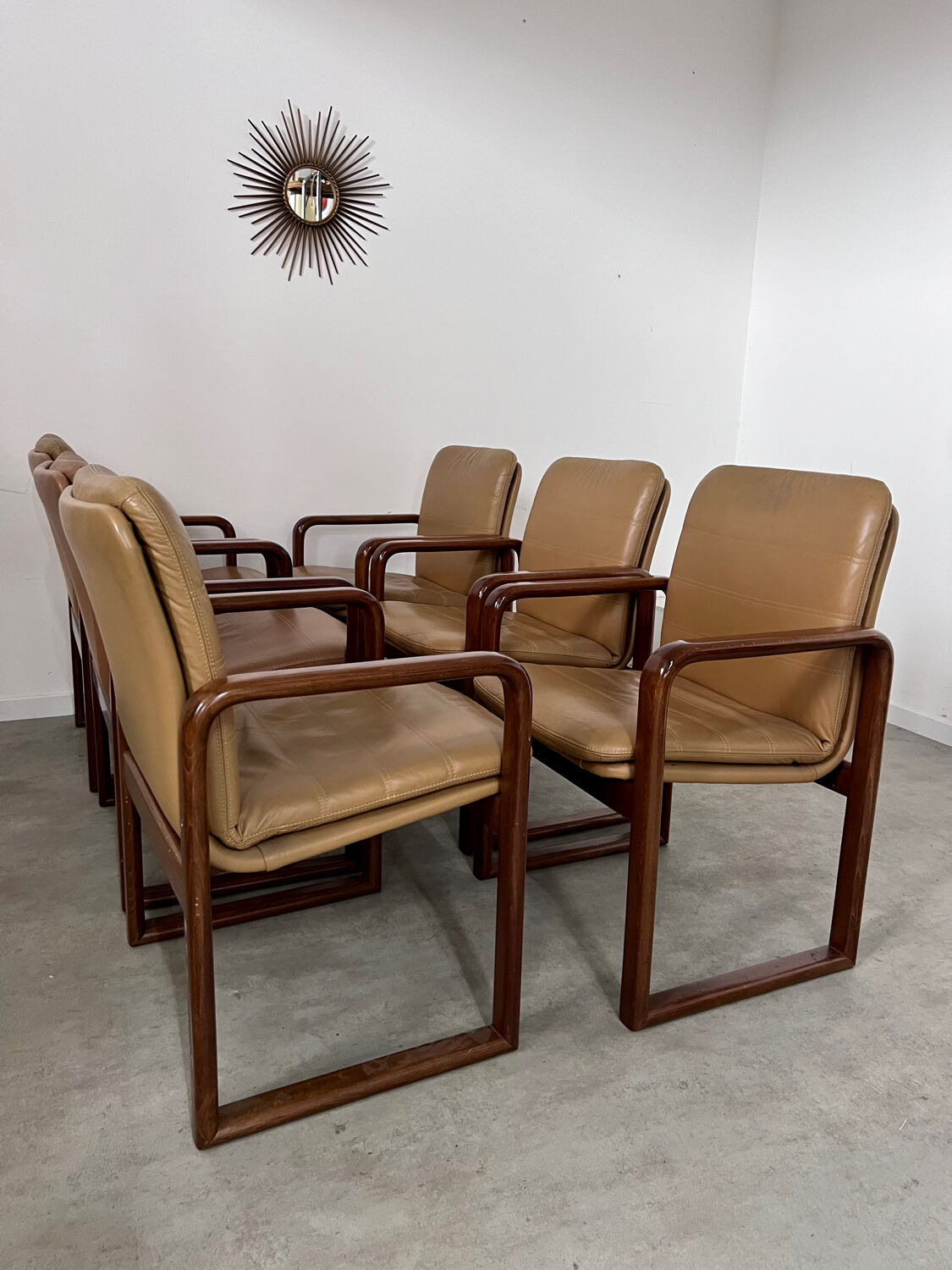 Lot 6 chairs armrests vintage 70s Scandinavian design leather and wood