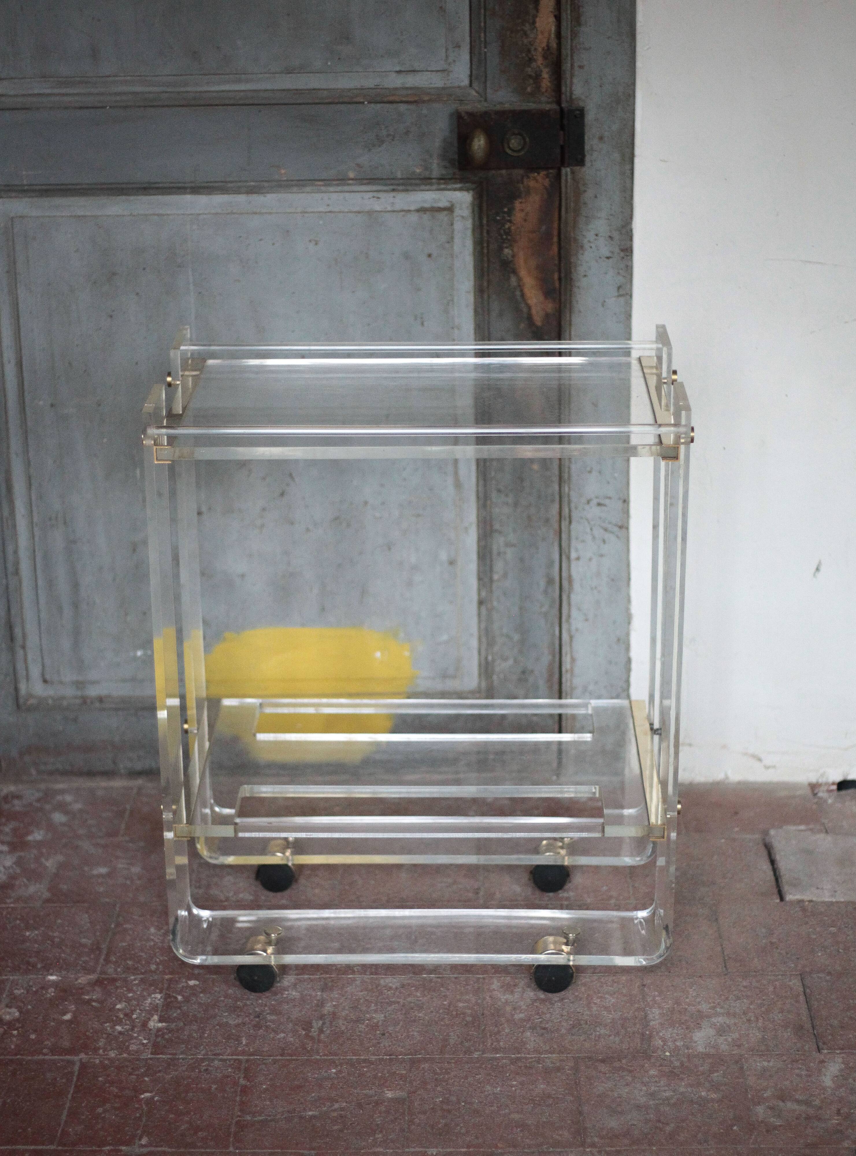 David Lange trolley, plexiglass and brass trolley, rolling bar, decoration