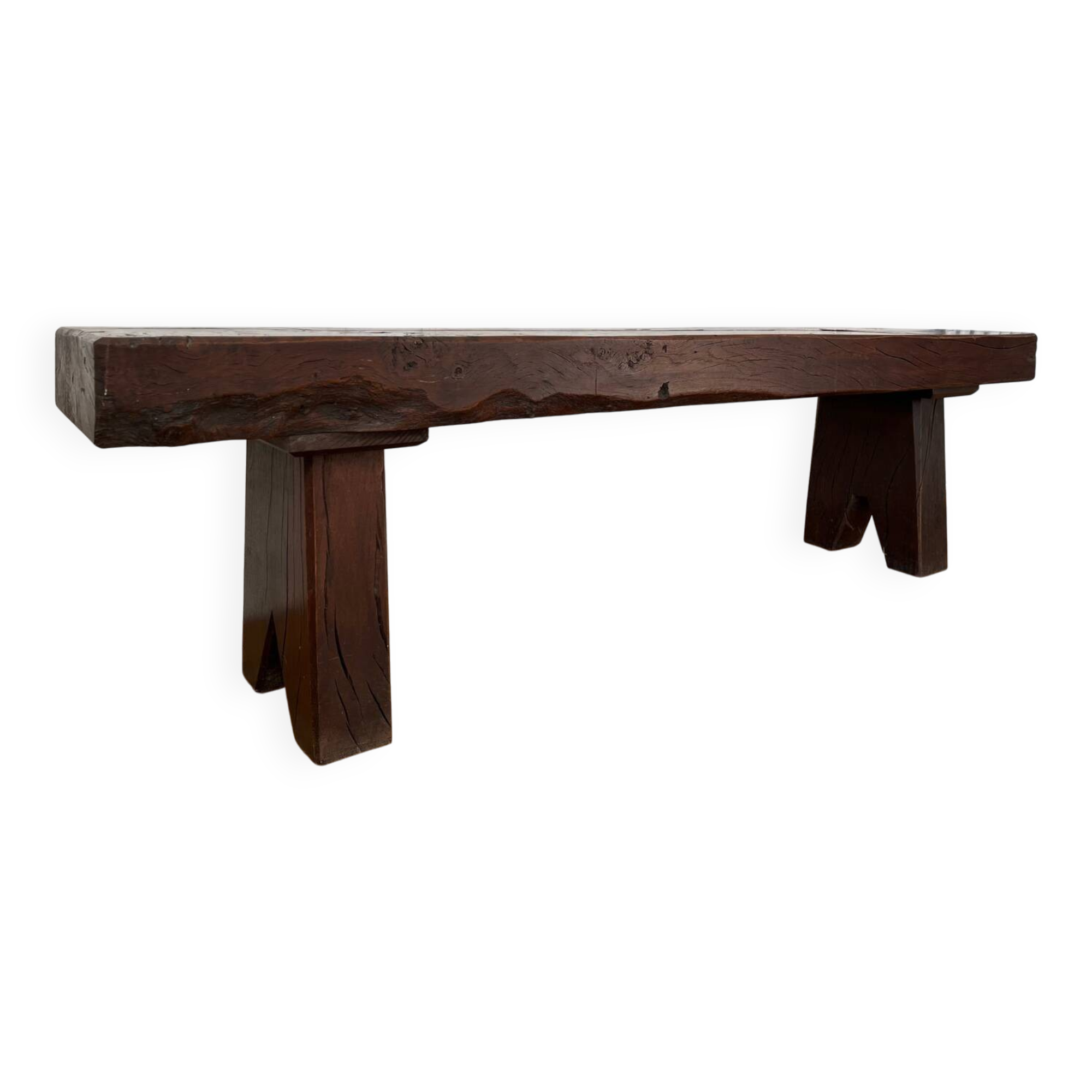 Brutalist Folk Art Bench Solid Oak