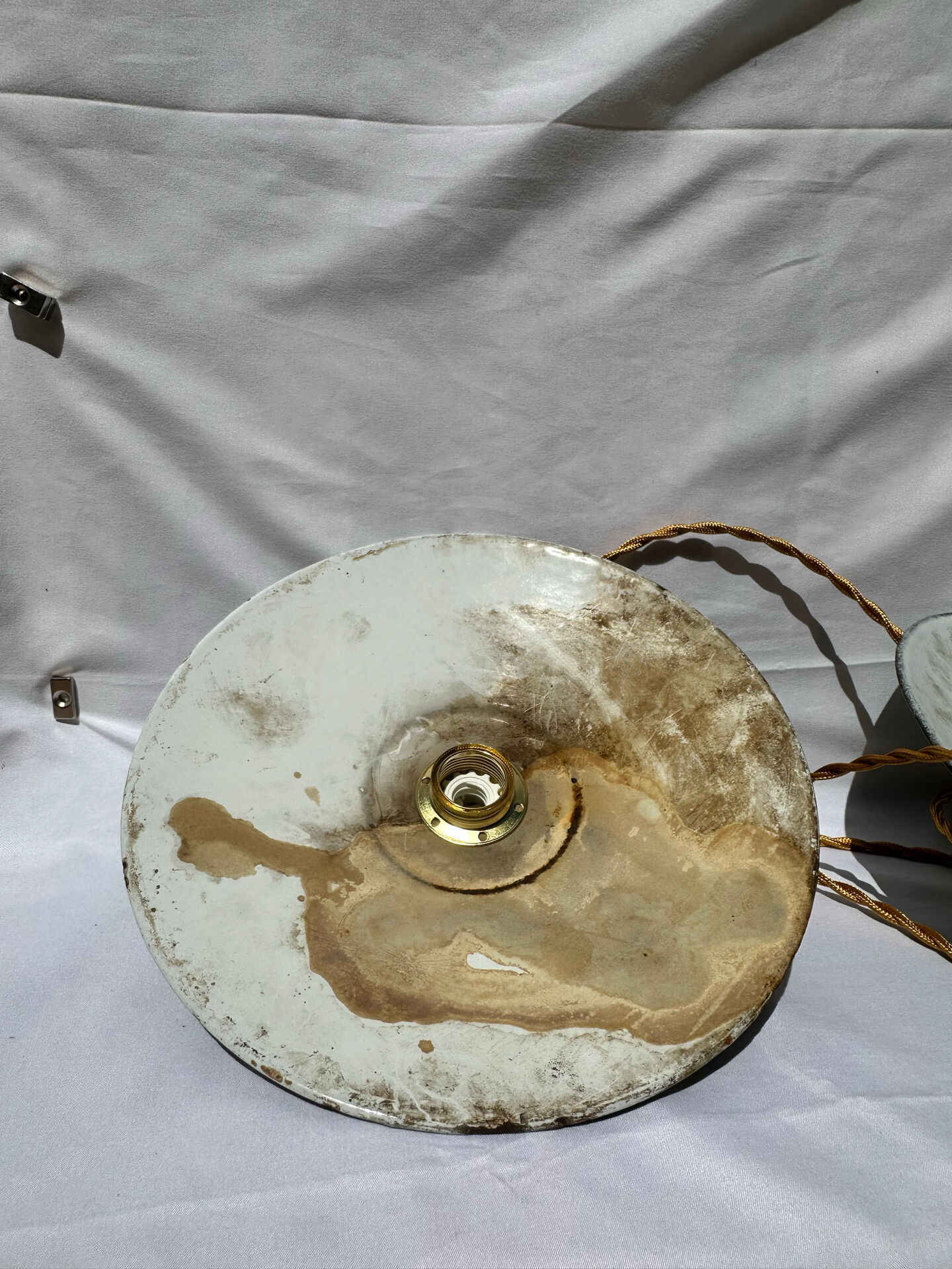 Old suspension pair in green and white enamelled sheet metal.