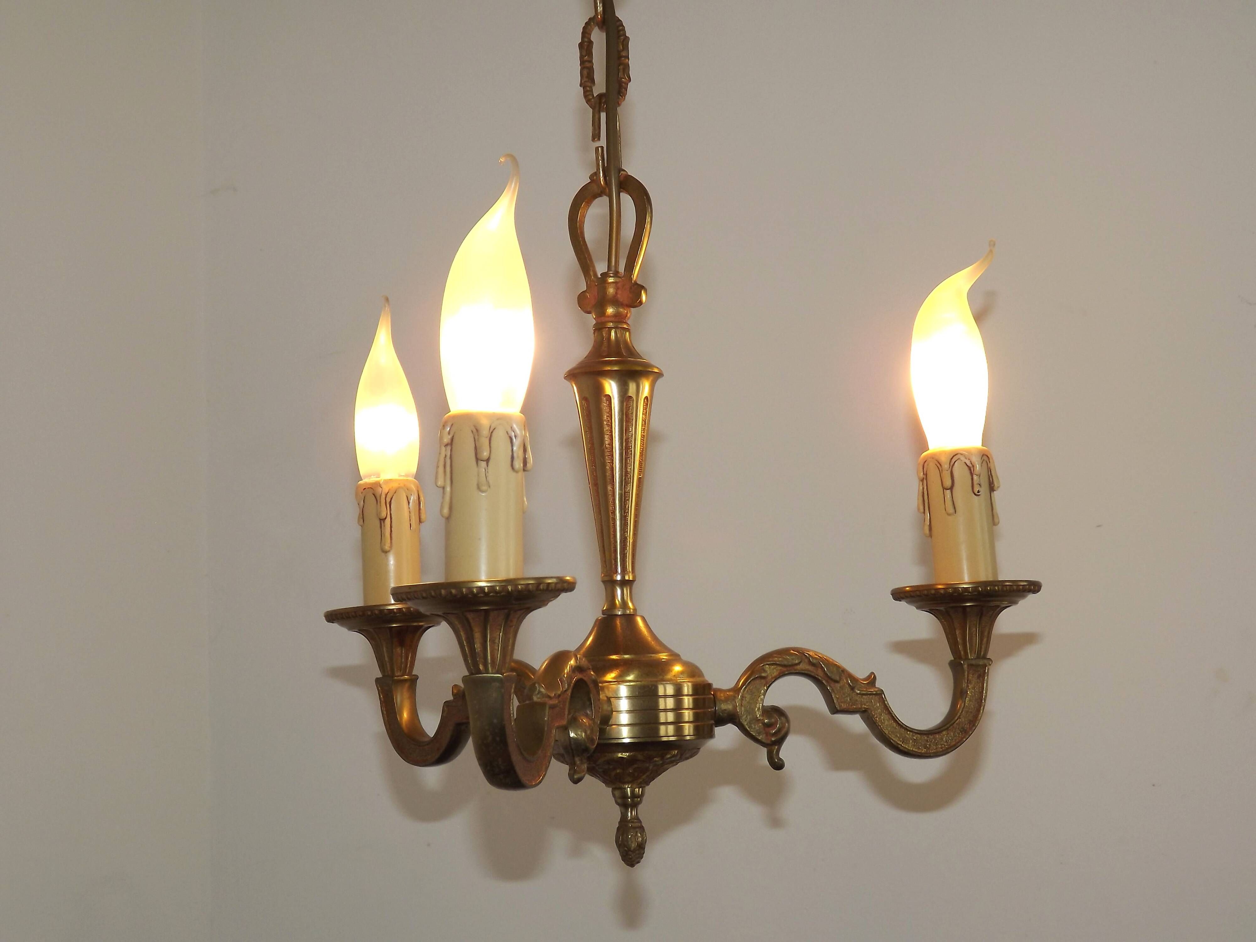Petite Brass Vintage French Mid Century Traditional 3 Light Chandelier 5365