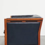 2.5-Seater Art Deco Sofa with Woodwork and Dark Blue Cowhide Leather