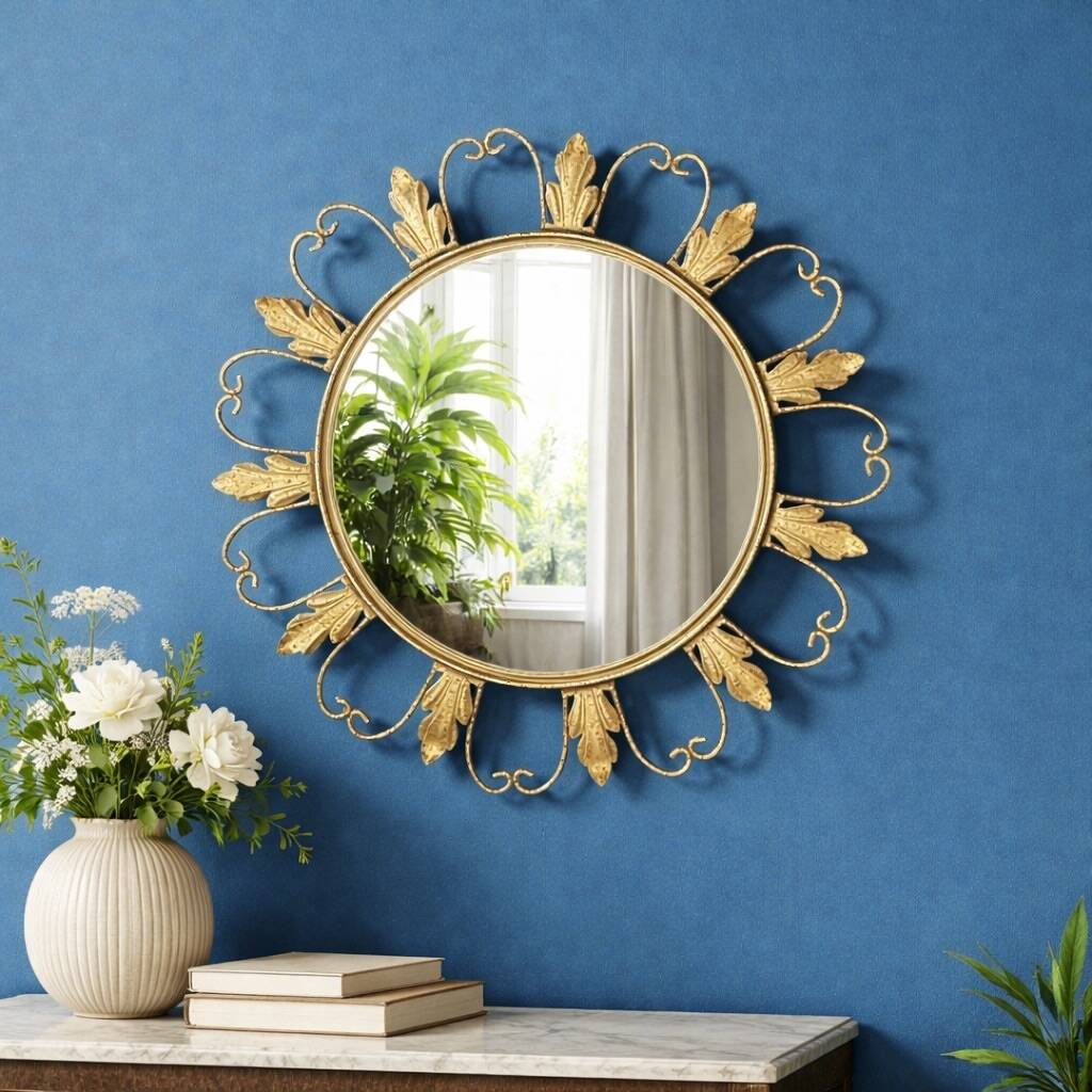 Circular gold metal mirror with floral decoration – 1960s