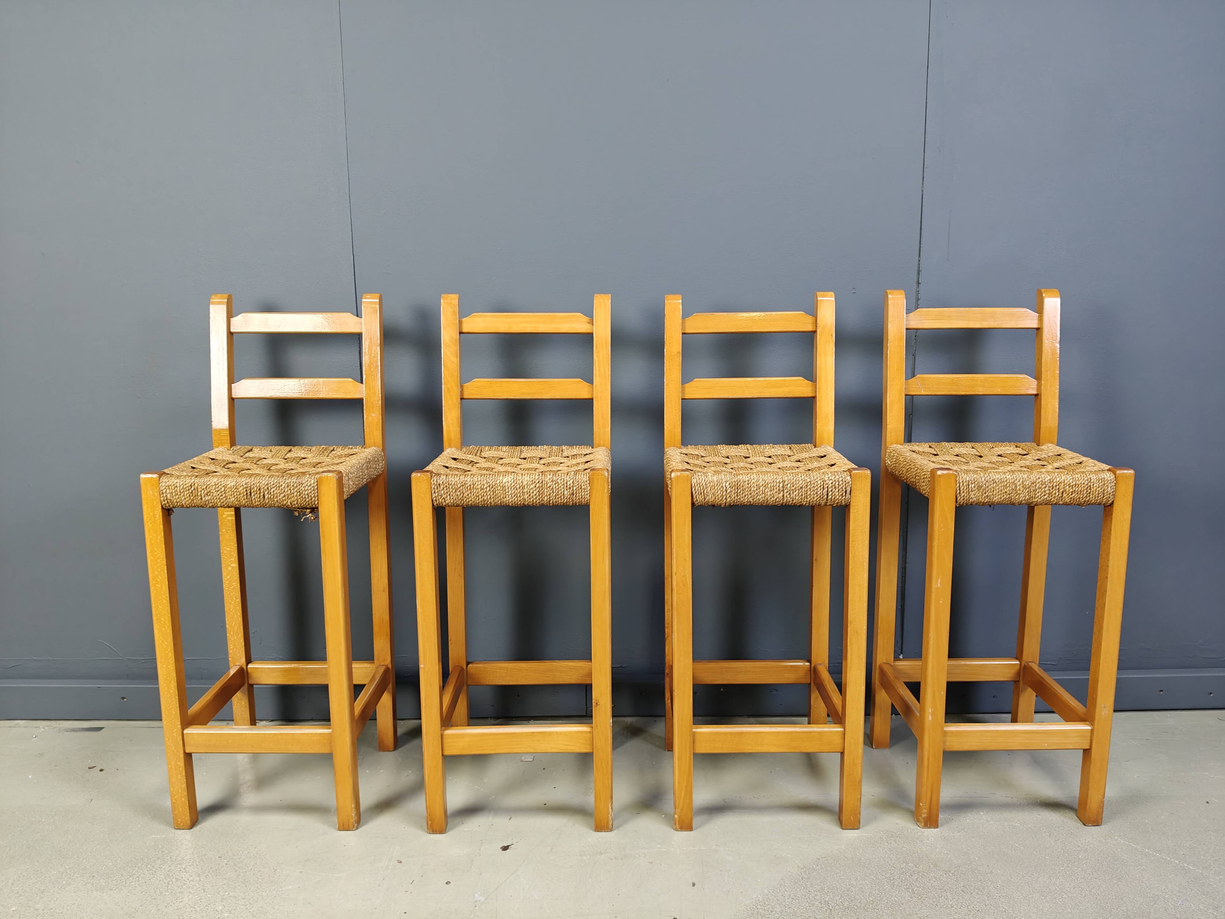 Vintage oak and papercord bar stools, 1960s
