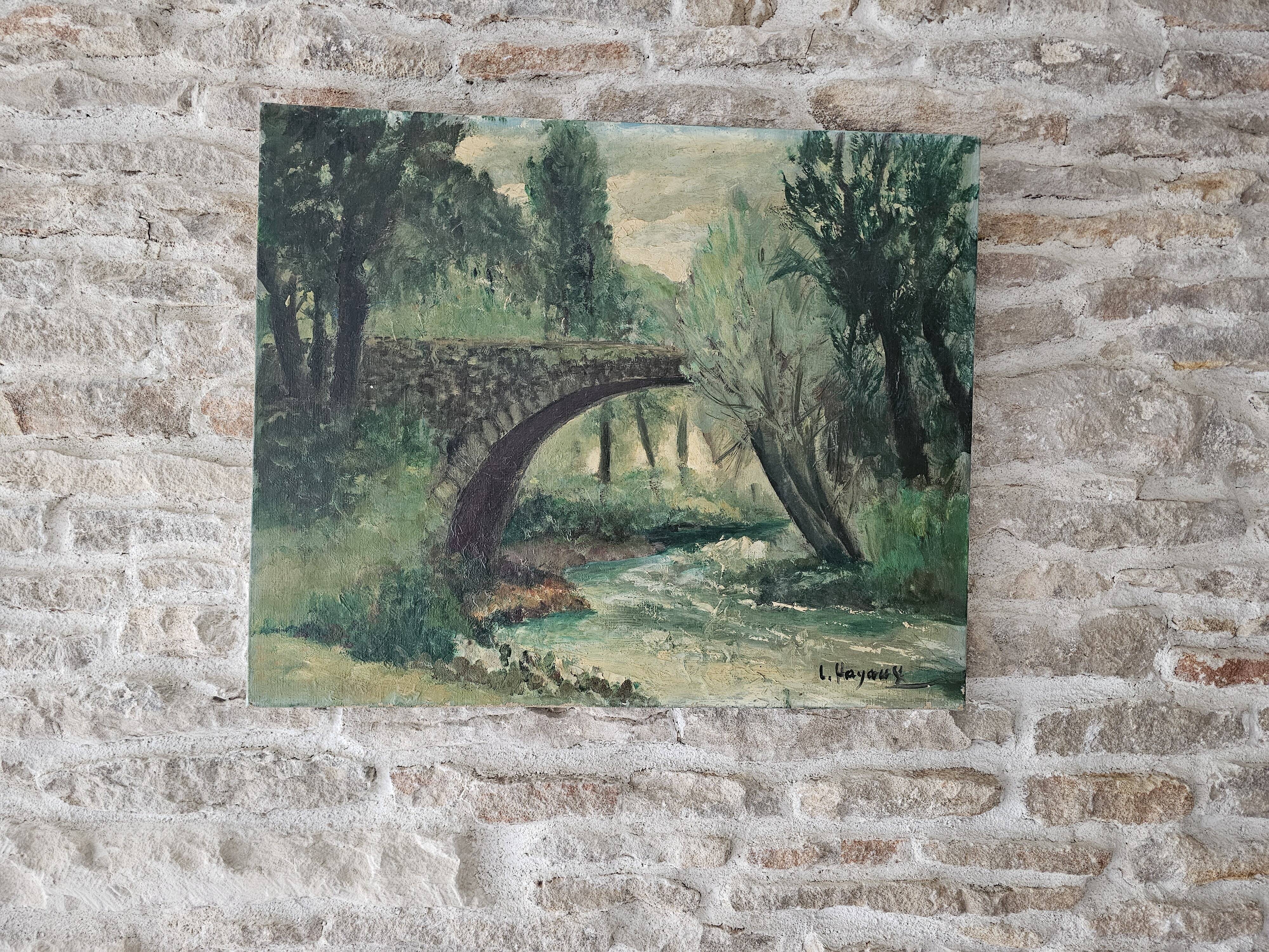 Painting - Oil on canvas Bridge on the banks of the Loire Signed Louis Hayaux (1897 1982)